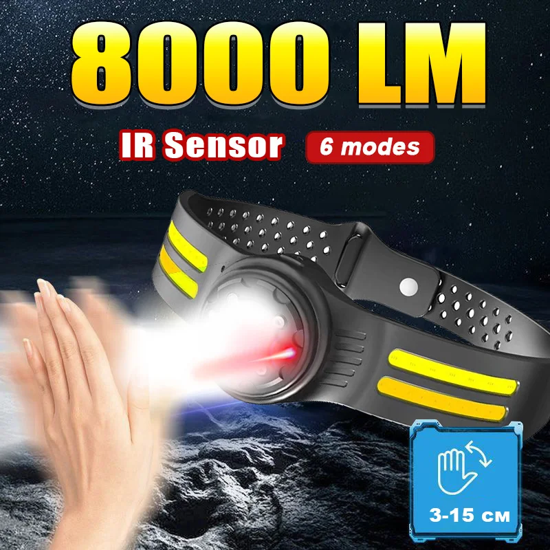 8000LM Induction Headlamp COB LED Sensor Head Lamp Built-in Battery Flashlight USB Rechargeable Head Torch 6 Modes Headlight