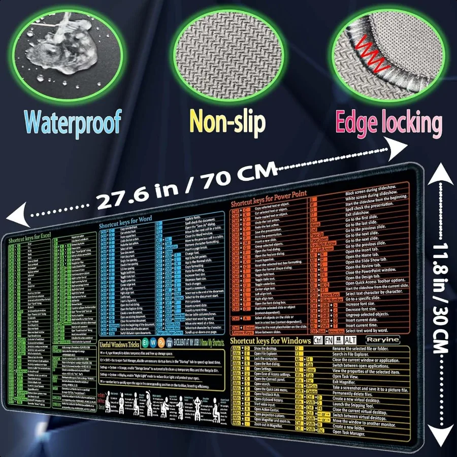 Excel Word Power Point Windows Mouse PadNonSlipWaterproof كبير للألعاب مكتب الكمبيوتر حصيرة مكتبية أكثر من 200 اختصارات لوحة المفاتيح لوحة الماوس