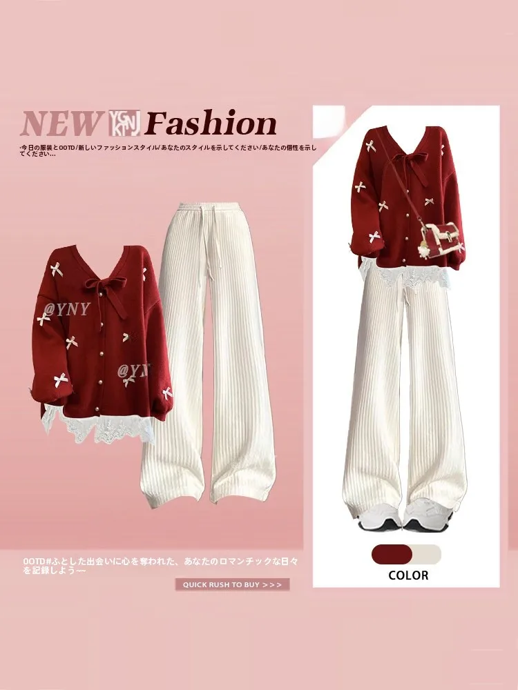 Korean Style Sweet  Knot Lace Splicing Knitted Sweater Casual Pants Winter Age Reducing Two-Piece Set High Waist Lon...