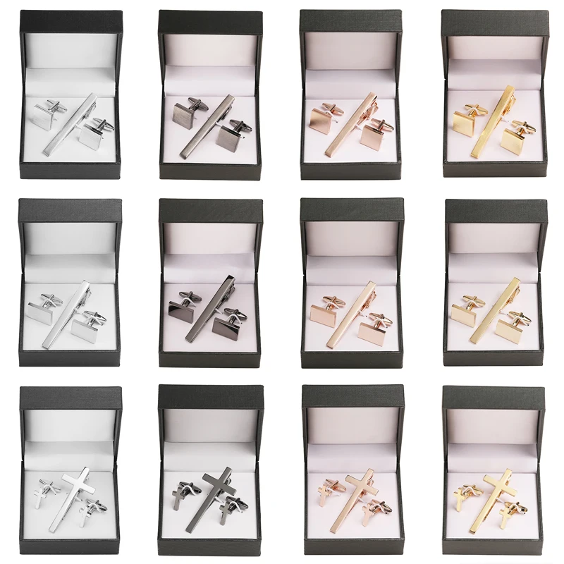Classic men's French shirts cufflinks tie clip drawing laser metal cuff button clips wedding suits accessories jewelry box gift