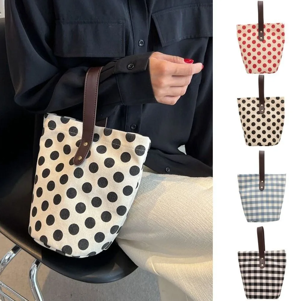 Cute Wave Point Polka Dot Bucket Bag Cute Large Capacity Canvas Handbag Lattice Korean Style Lunch Box Bag Women