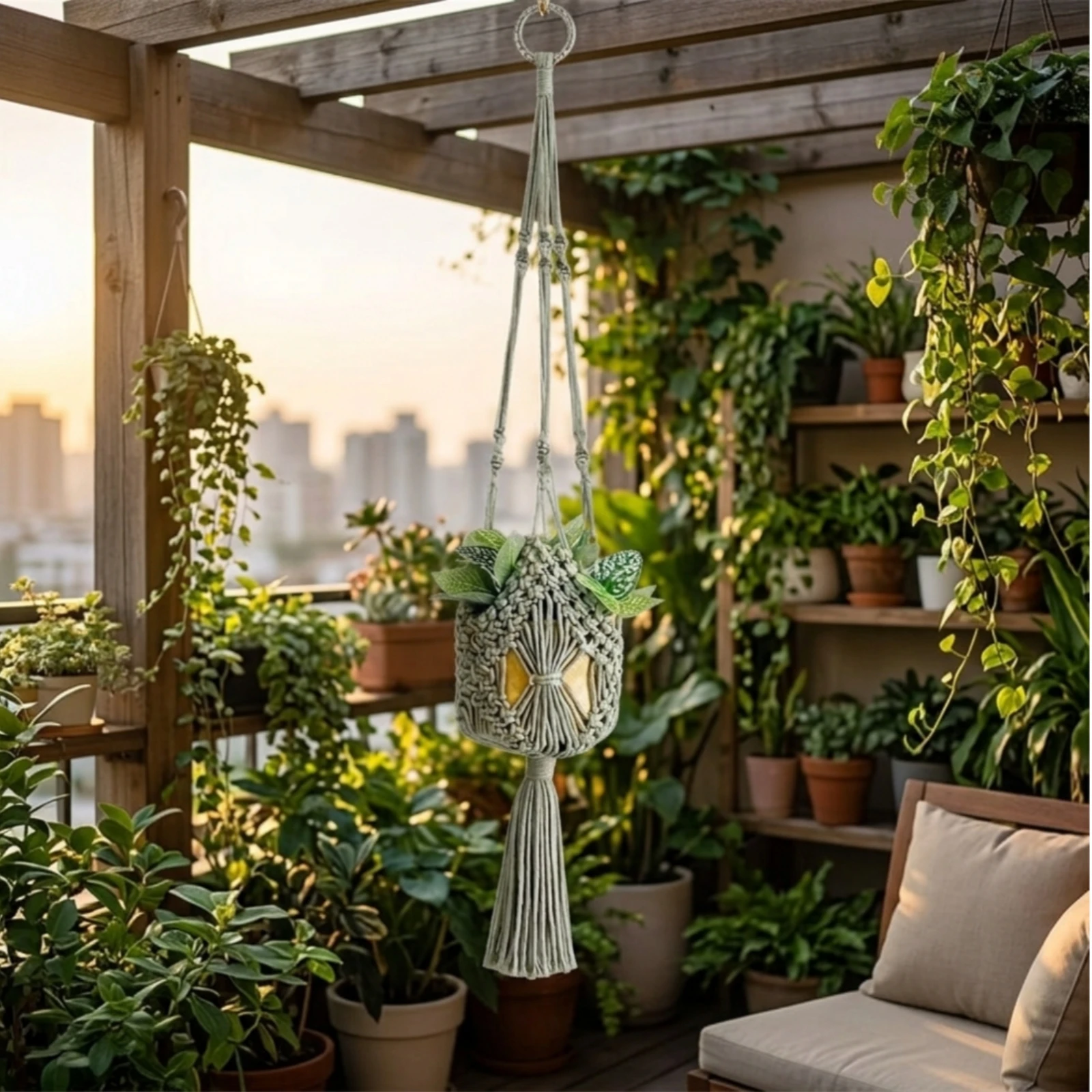 Cotton Rope Planter Net Handwoven Macrame Plant Hanger Hanging Planter with Tassel Handmade Plant Hanger with Tassel Boho