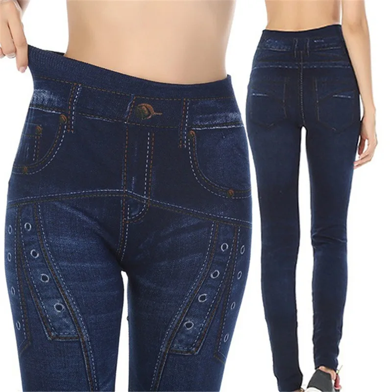 Legging Mulus Populer Celana Legging Denim Biru Wanita Legging Denim Imitasi Olahraga Gambar Cetak Baru dengan Lubang Kancing