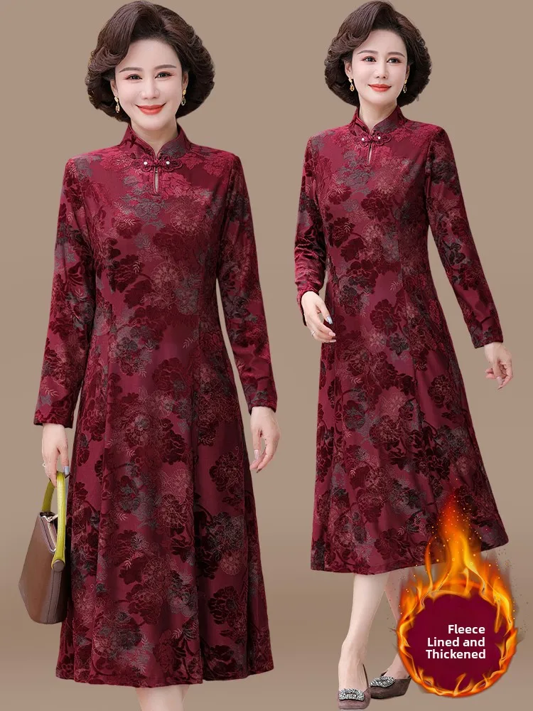 thiened-velvet-wedding-dr-for-middle-aged-and-ly-mothers-faionable-loose-fit-mid-length-floral-print-gown