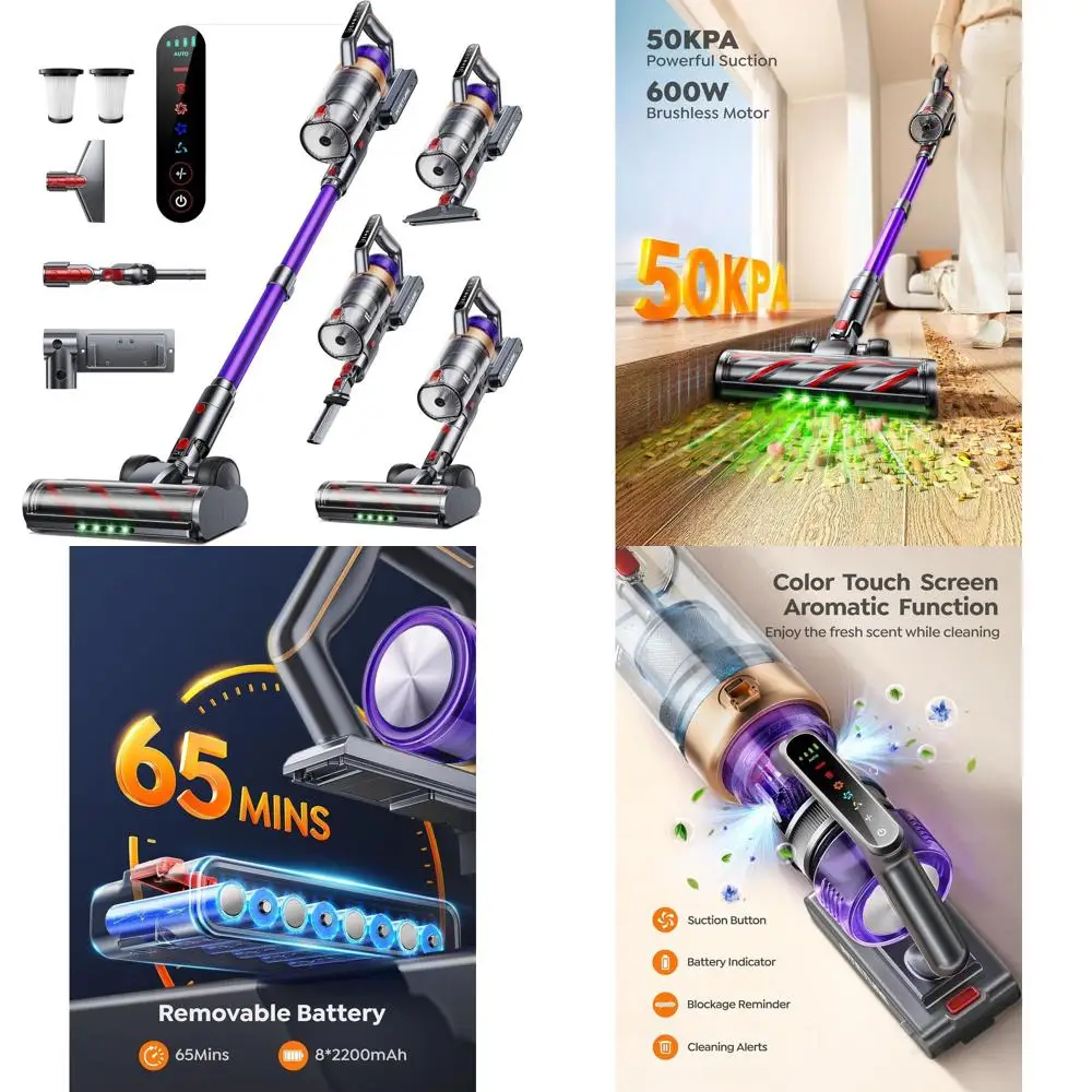 

600W 50kPa 65-Minute Cordless Vacuum: Anti-Tangle Stick, Touch Screen, Wall Mount, Ideal for Pet Hair, Carpets, and Floors