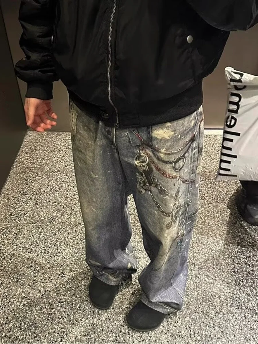 

Acne Style 3D Printed Distressed Mud Dye Splatter Casual Loose Straight Leg Jeans Youth Popular High Waist Long Pants