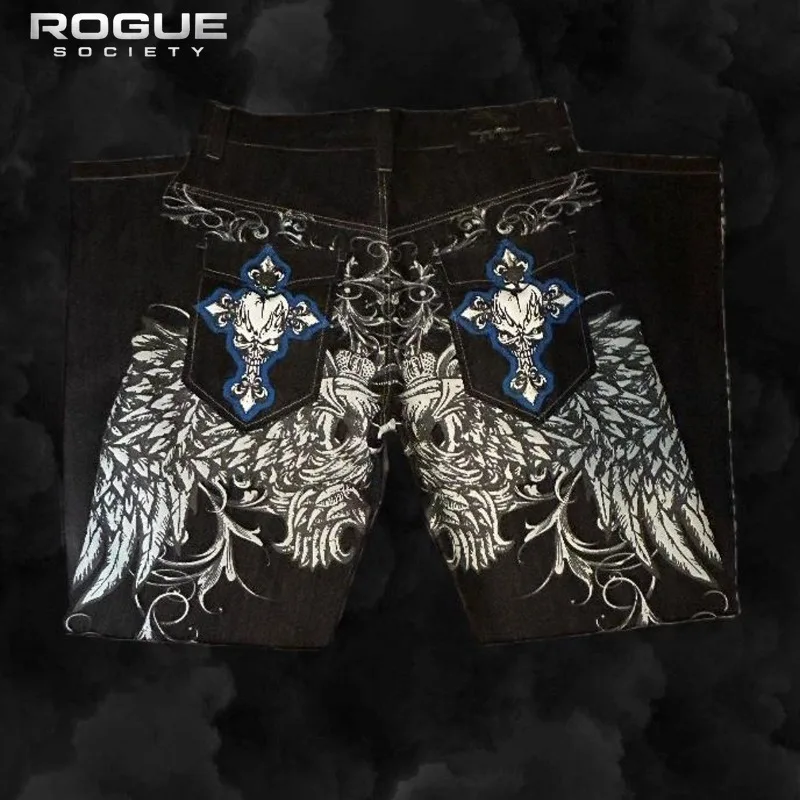 Retro Wing American Cross Print Jeans Male Hip Hop Streetwear High Waist Harajuku Denim Pants Loose Gothic Y2K Trousers Unisex