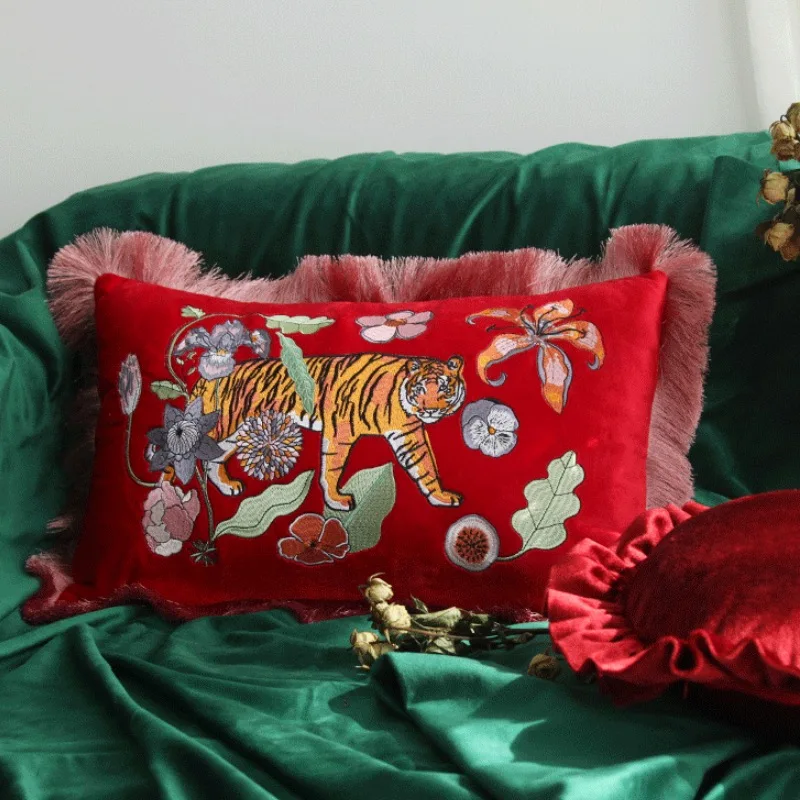 Tiger Pillow Luxury Red Velvet Embroidery Cushion Case Decorative Pillow For Sofa 30x50CM Jungle Flora Living Room Decoration