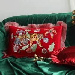 Tiger Pillow Luxury Red Velvet Embroidery Cushion Case Decorative Pillow For Sofa 30x50CM Jungle Flora Living Room Decoration