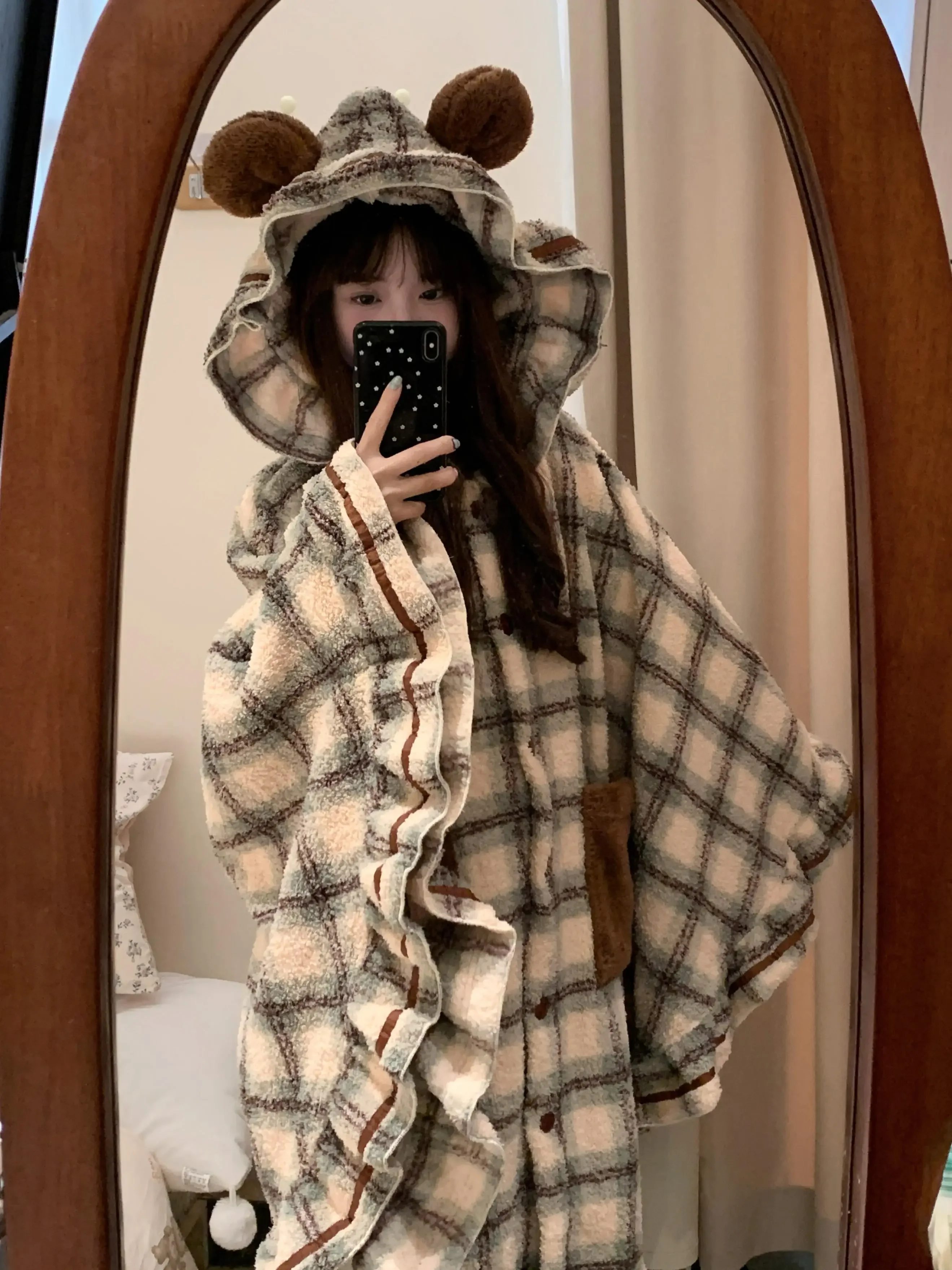 Cute Coral Fleece Cape Night Robes Winter Thick Warm Hooded Ruffle monopetto Plaid camicia da notte ragazze Loungewear