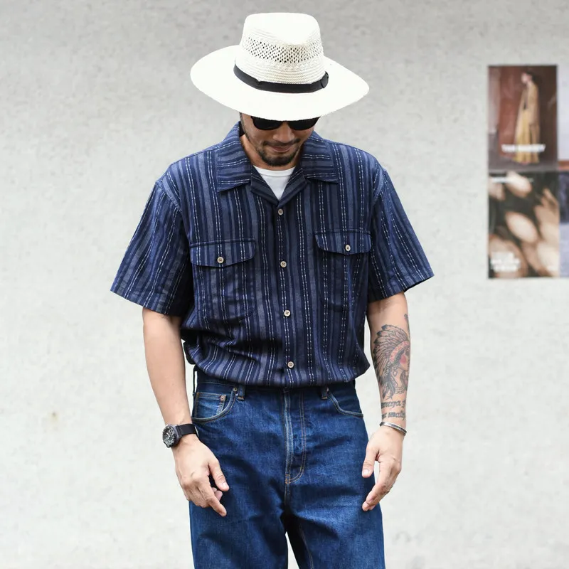 Men’s Jacquard Cuban Collar Short Sleeve Shirt Vintage Striped Casual Summer Shirt for Men