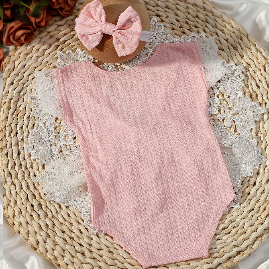 Ylsteed Newborn Girl Photography Outfits with Bow Headband Pink Lace Romper for Photo Shooting Photo Studio Infant Picture Props