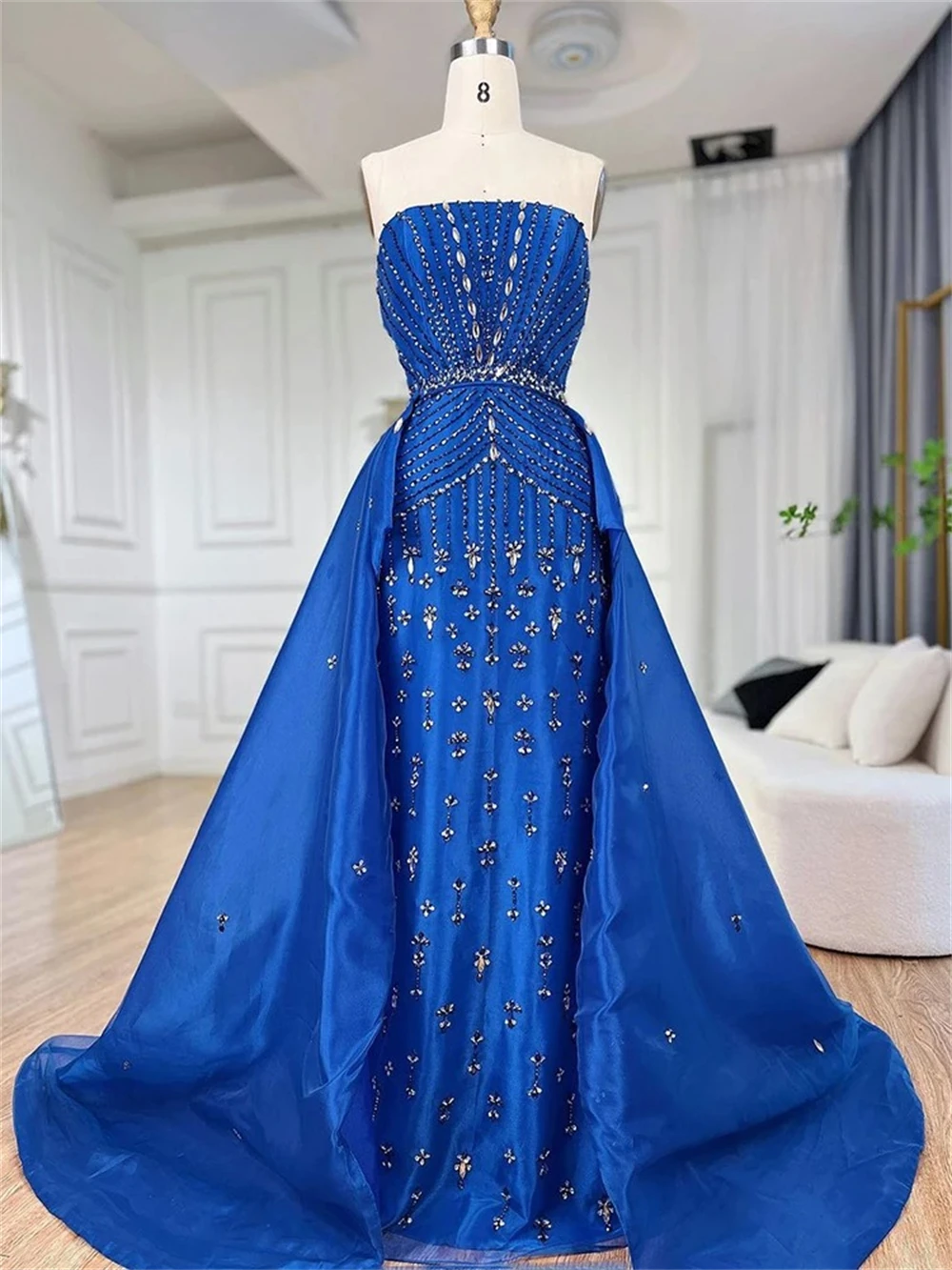 Two Pieces Jewels Embellished Formal Dress Pageant Mermaid Prom Dresses With Detachable Train Long Evening Party Gown