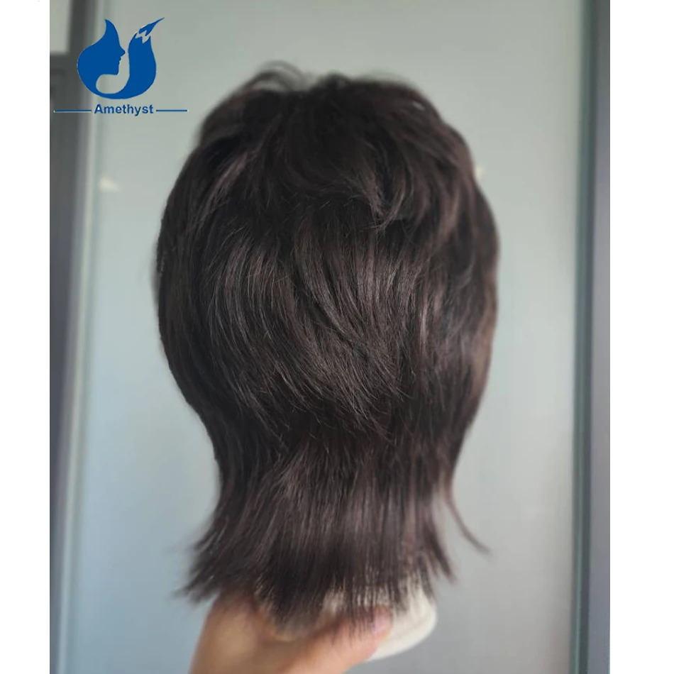 Amethyst Mullet Short Pixie Cut Men's Wig Human Hair with Bang Natural Black 13x6 Lace Front Wig Brazilian Remy Pre Styled - Image 5