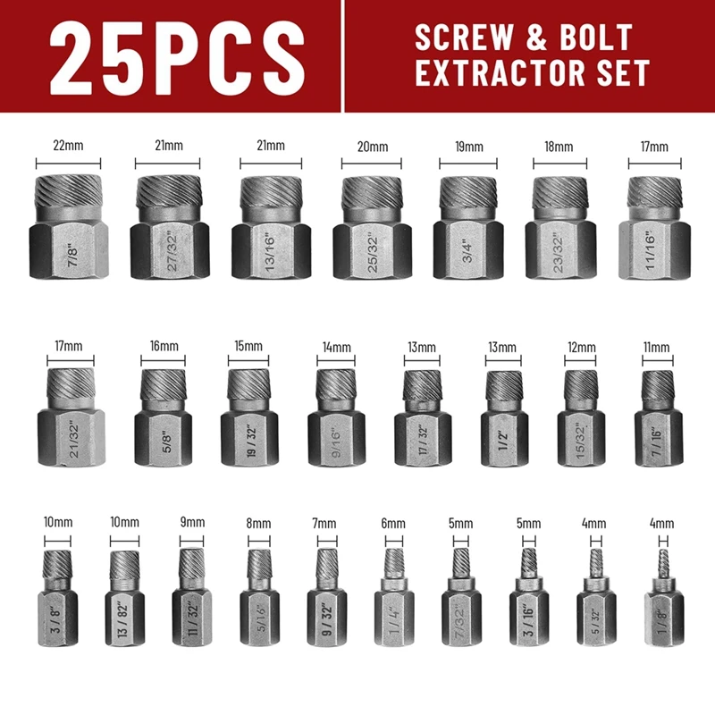 25Pcs Screw Extractor Set Hex Multi-Spline Easy Out Bolt Extractor Set, Heavy Duty Metric EZ Out Rounded Screw Remover