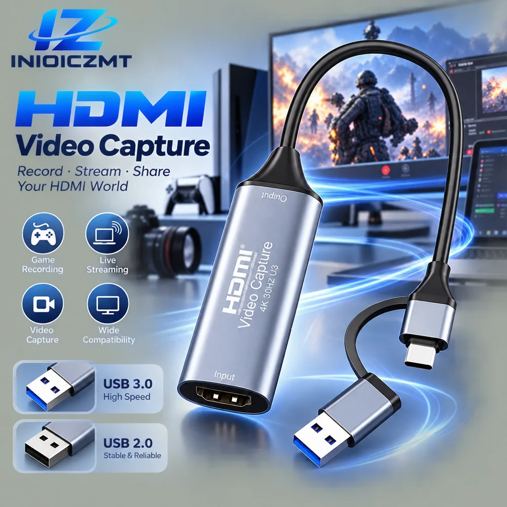 4K Video Capture Card 2-IN-1 HDMI To USB/Type-C Video Grabber Record Box for PS4 Game DVD Camcorder Camera Recording Live