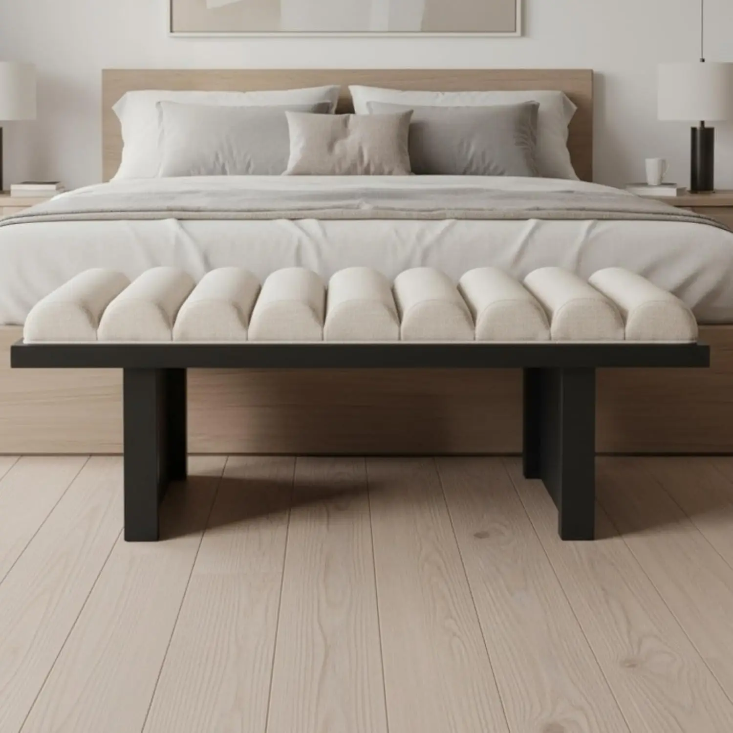 

Modern Upholstered Bed Bench, 47” Linen Fabric Bedroom End of Bed Bench with Cylindrical Cushion/Solid Wood Leg, Wooden Entryway