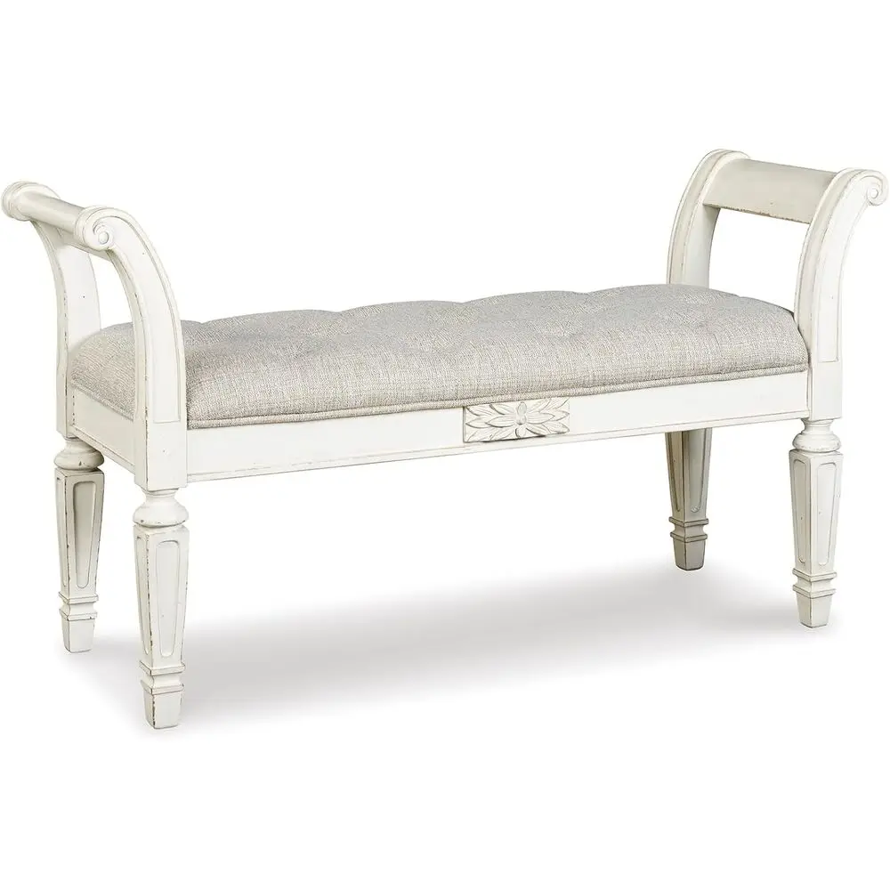 Signature Design by Ashley Realyn Upholstered Accent Bench, Antique White | 100% polyester tuted cushion, Antiqued white inish,