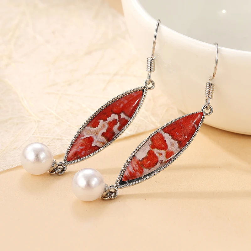 Böhmische lange baumelnde Ohrringe für Frauen, ethnischer Stil, Muster, roter Stein, Metall, Vintage-Ohrringe, Schmuck, Geschenke
