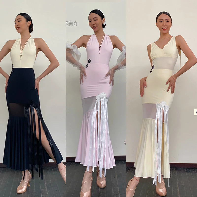 

2025 Women Ballroom Dance Clothes Halter Neck Tops Mesh Splicing Slit Skirt Waltz Dance Costume Club Competition Dress BL16036