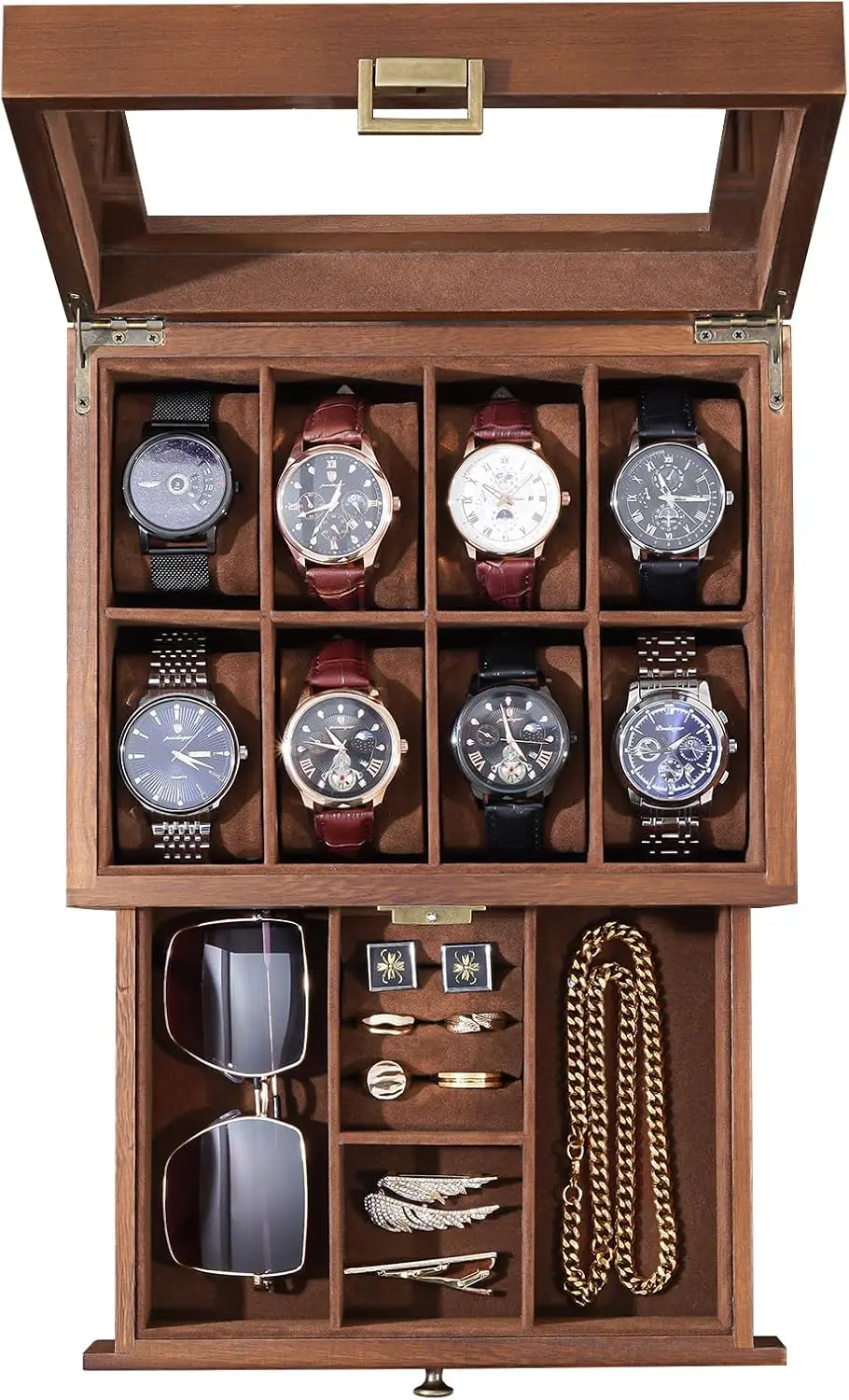 

Wooden Watch Box 8 Slot with Drawer, 2-Layer Mens Jewelry Storage Organizer Display Case for Father's Day Birthday Gift