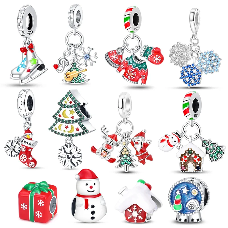 Lucky Snowflake Charms Fit 3mm Original Bracelet 925 Sterling Silver Glitter Christmas Tree Crystal Ball Penguins Charms
