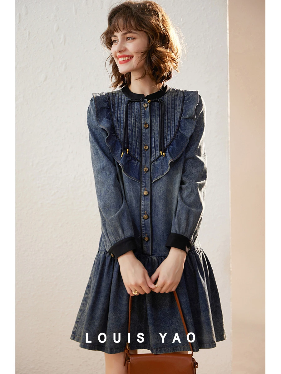 LOUIS YAO Women Color Block Stand-Up Collar Buttoned Denim Skirt 2023 Winter Pleated Lace Edge Ruffled Hem Women's Dress