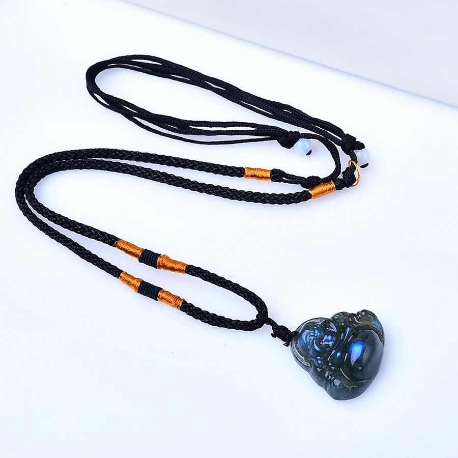 1PC Natural labradorite Maitreya Buddha Statue Pendant Random Crystal Healing Stone Carving Gemstone Crafts Home Decor DIY Gift view 3