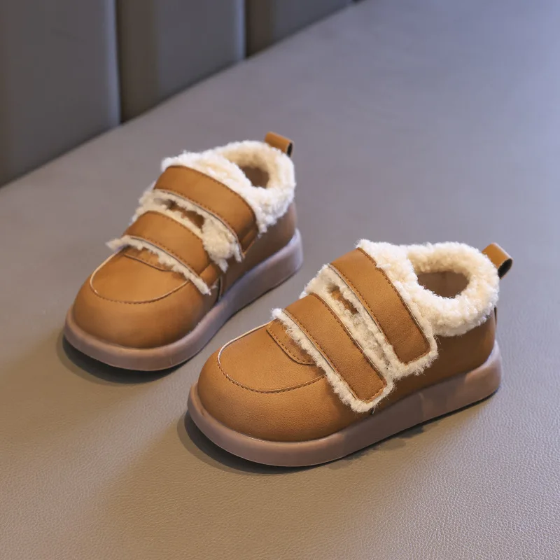 Children Cotton Shoes Solid Color Thick Soled Kids Causal Shoes Fashion 2023 Winter Warmth PU Leather Girl Plush Shoes Hook Loop