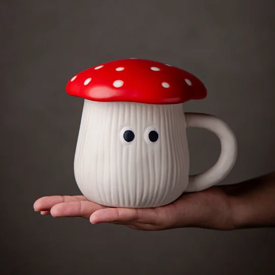 

LUWU Ceramic Red Mushroom Mug with Lid, Umbrella Cover Lid 360 ml Coffee Cup with Handle Gift for Girl/Wife