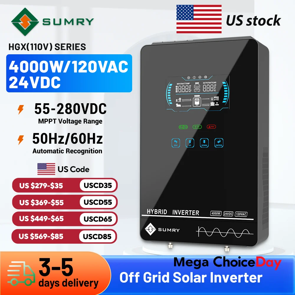 Sumry 4000W Off Grid Hybrid Inverter 24V 140A 5600W MPPT Solar Charger Pure Sine Wave Inverter for Home 6.25 Inch LCD Display