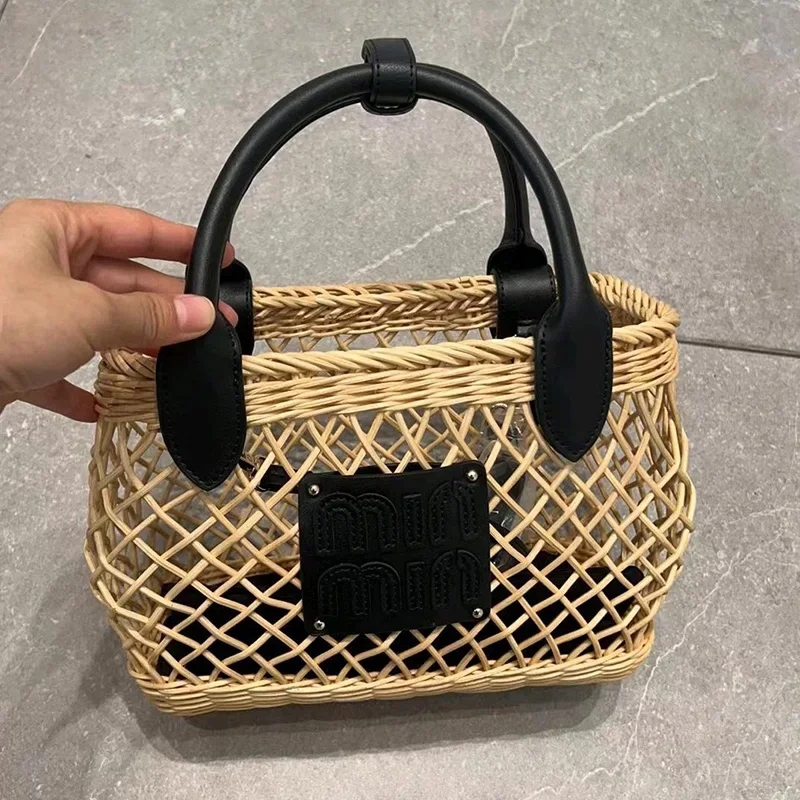 2024 Exquisite Hollow Bamboo Basket Bag Rattan Woven Crossbody Niche Design High Quality Letter Beach Holiday Women\'s Handbag