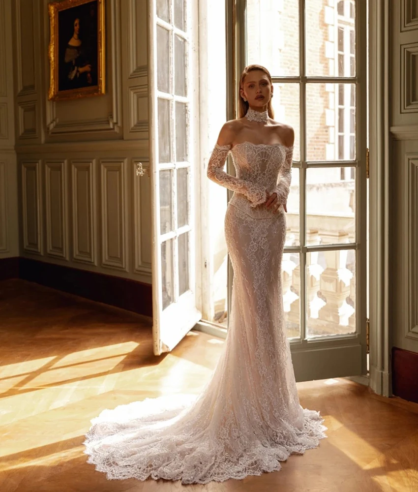 

MCDV Customized Graceful Lace Mermaid Detachable Sleeve Sequined Evening Dress Temperament Strapless Women Wedding Gowns