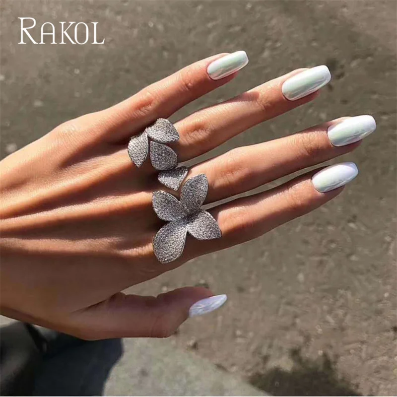 RAKOL Flower Leaf Adjustable Rings for Women Delicate Silver Color Zircon Open Ring Fashion Wedding Party Jewelry