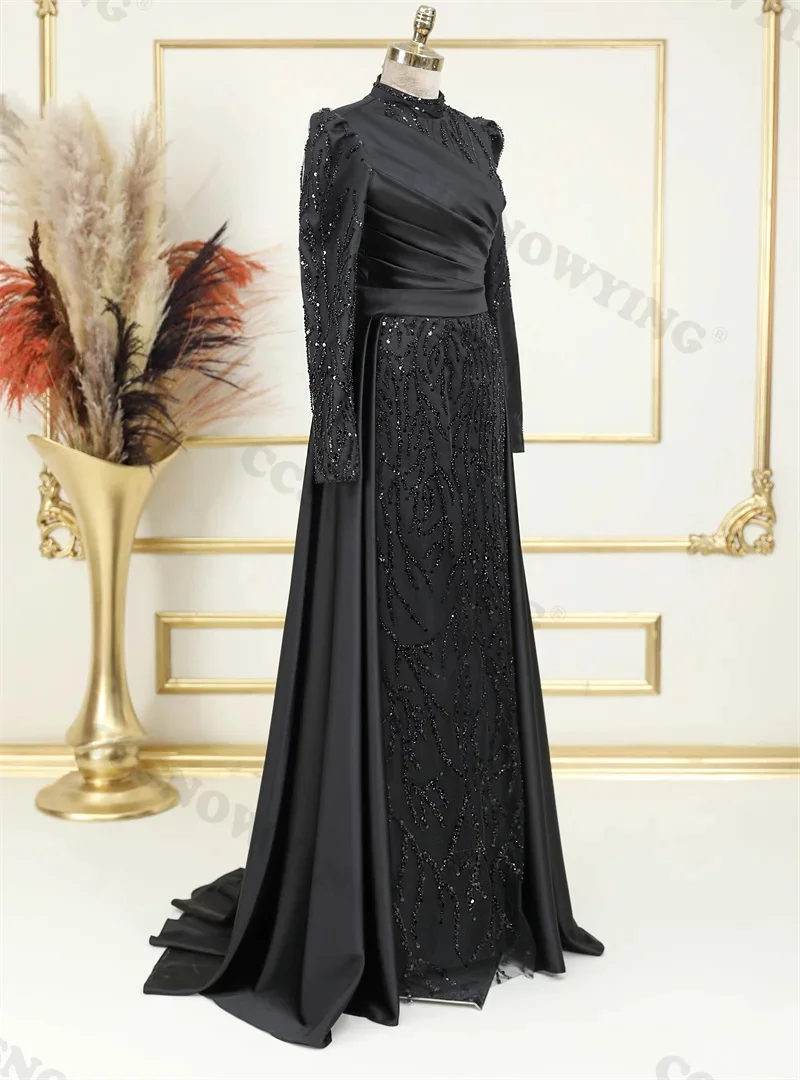 Luxury Satin Appliques Beaded Muslim Evening Dress Islamic Long Sleeve Hijab Formal Party Gown Arabic Dubai Robes De Soirée