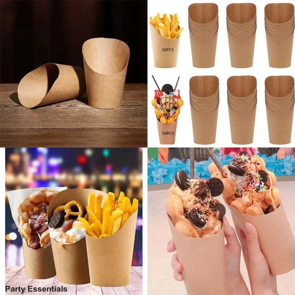 

100pcs Disposable Kraft Paper French Fries Cups - Eco-friendly Snack Containers for Charcuterie, Dessert, and Baking Supplies -