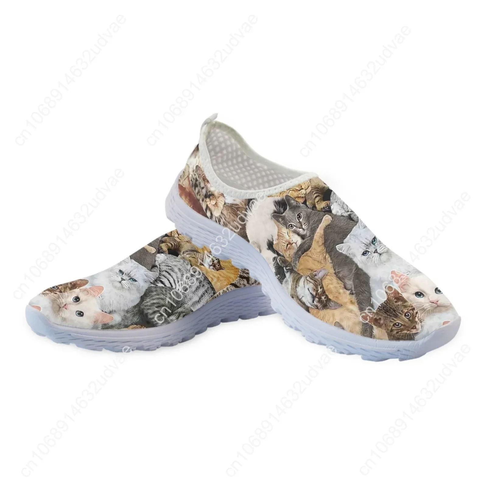 Cute 3D Cat Printing Female Mesh Sneakers Breathable Slip-on Loafers Lightweight Women Flat Shoes Casual Footwear