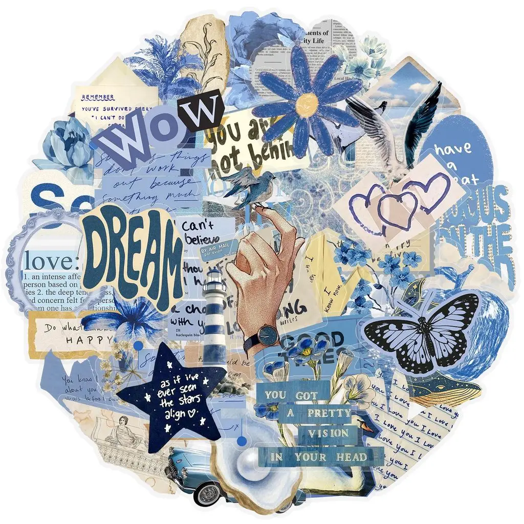 Vintage Blue Ocean PET Stickers 50pcs Waterproof Sea Pattern Decals for Notebook Skateboard Journal DIY RecordingYourLife Store