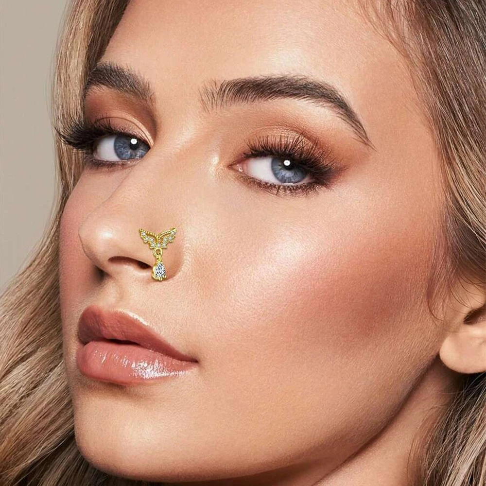 20G Nose Rings Stud, Stainless Steel L Shape Dangling Nose Piercing Jewelry, Flower Butterfly Moon Star CZ Cute Nose Piercing view 4