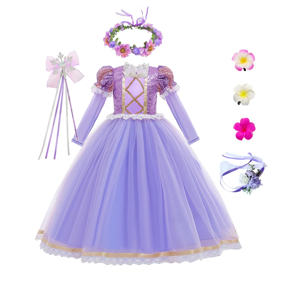 Rapunzel Sophia Dress For Girls Children Long Sleeve Purple Gown Christmas Carnival Clothes 2024 New Luxury Party Dress