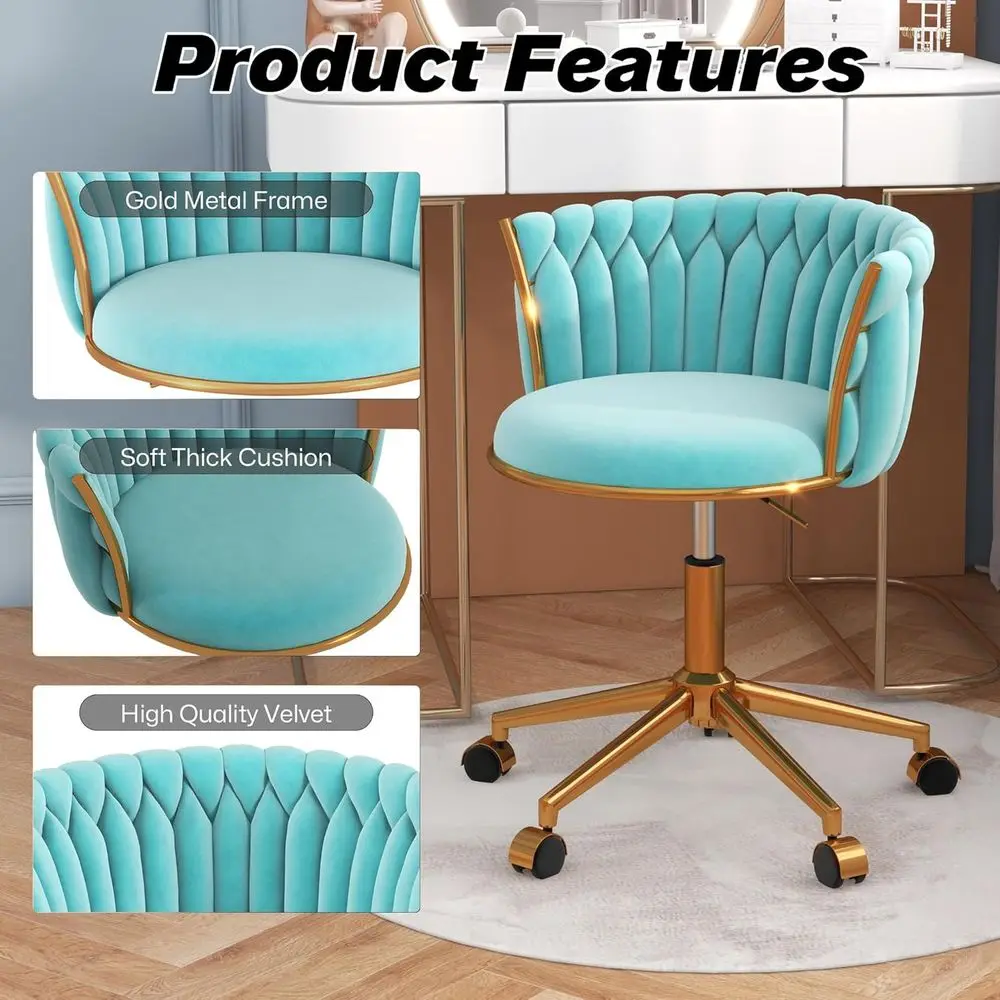 Cyan Velvet Swivel Office Chair with Adjustable Height, Gold Base for Home Study or Computer Room