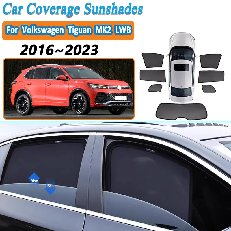 

Для Volkswagen VW Tiguan MK2 LWB 2016~2022 2023: Сетчатые солнцезащитные шторки для боковых окон, защита от УФ-излучения, аксессуары для защиты от солнца