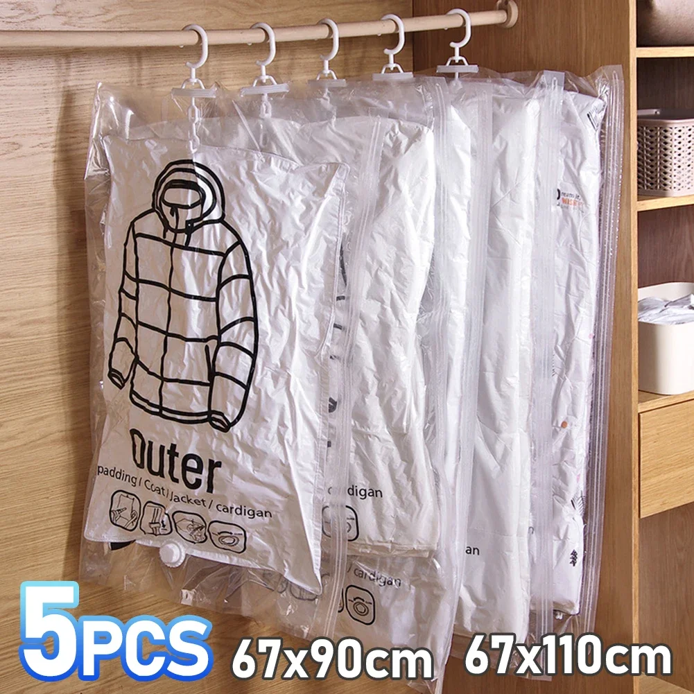 1-5pcs Hanging Vacuum Storage Bags Space Saver Vacuum Seal with Hanger Space Saving Clear Seal Wardrobe Compressed Bag