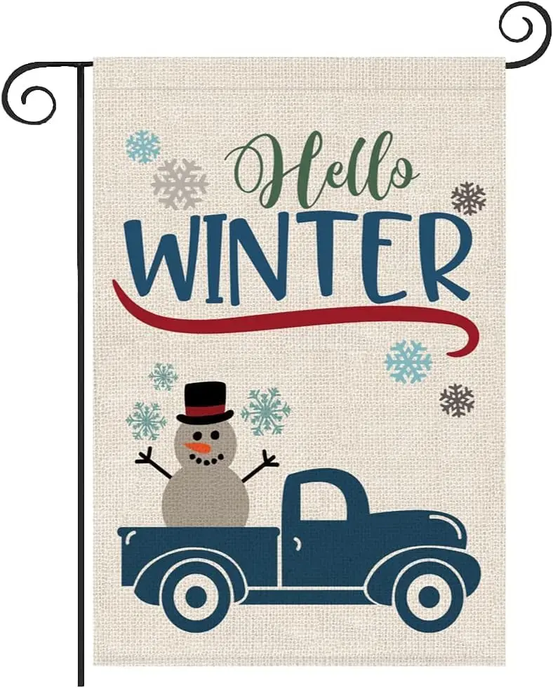 Hello Winter Baby It is Cold Outside Garden Flag 12x18 inches, Fome Outdoor Yard Black and White Plaid Snowman Blue Truck Garden