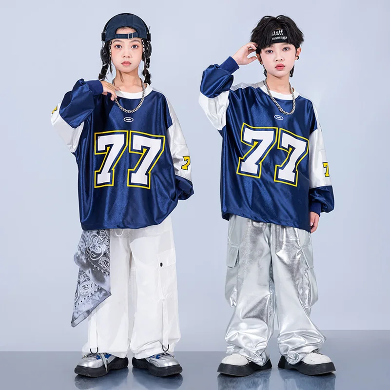

Boys Hip Hop Silver Sweatshirt Street Dance Shiny Cargo Pants Girls K-pop Streetwear Kids Jazz Clothes Sets Child Stage Costumes