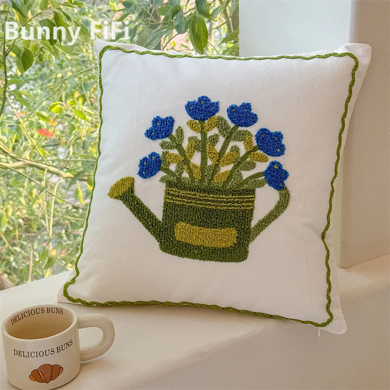 Embroidered Flowers Vase Cushion Covers Soft Jacquard Modern Decorative Throw Pillow Cases For Sofa Bedroom Home Decoration