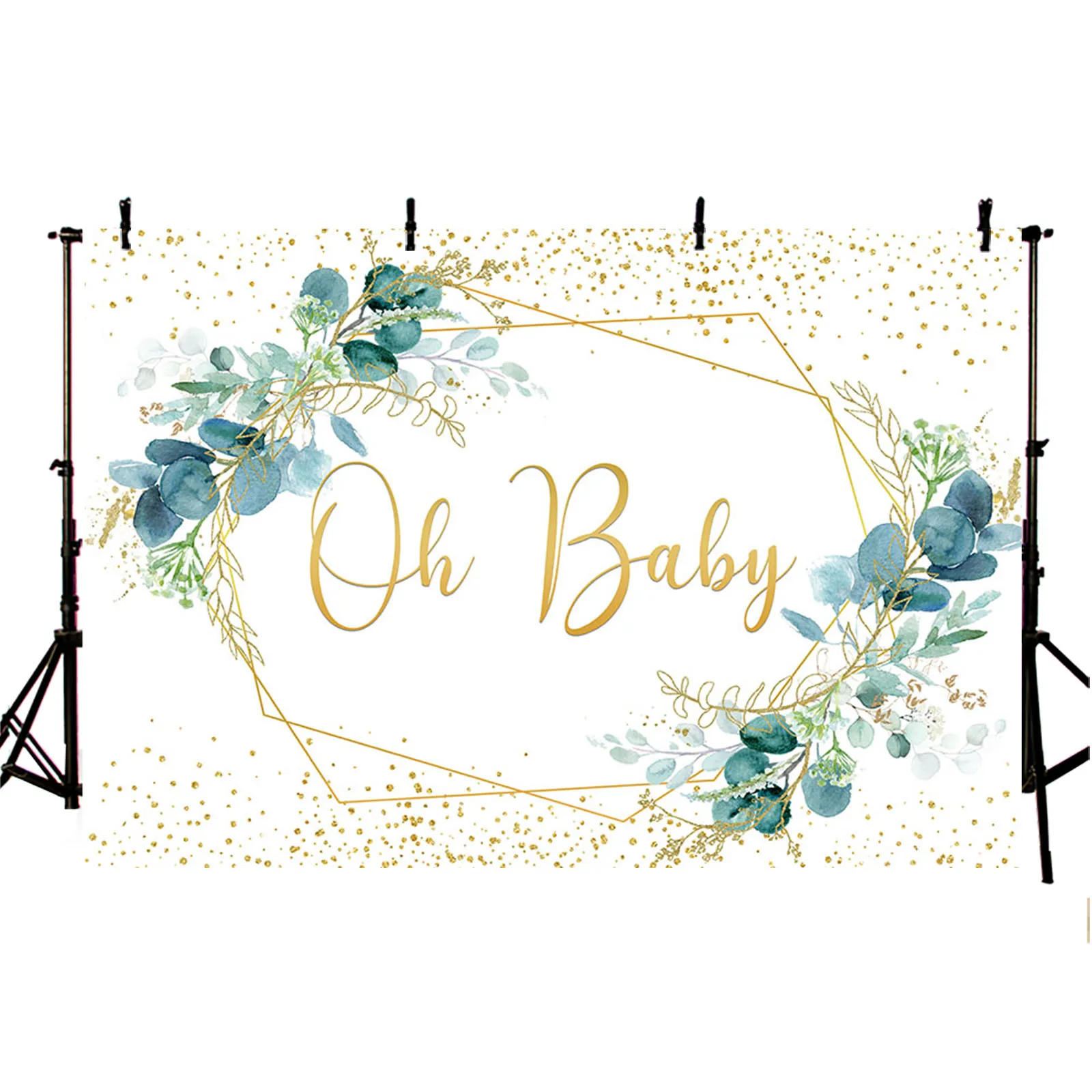 AIBIIN Oh Baby Backdrop Green Leaf Birthday Baby Shower Party Decoration Banner Golden Dots Cake Smash Photography Background