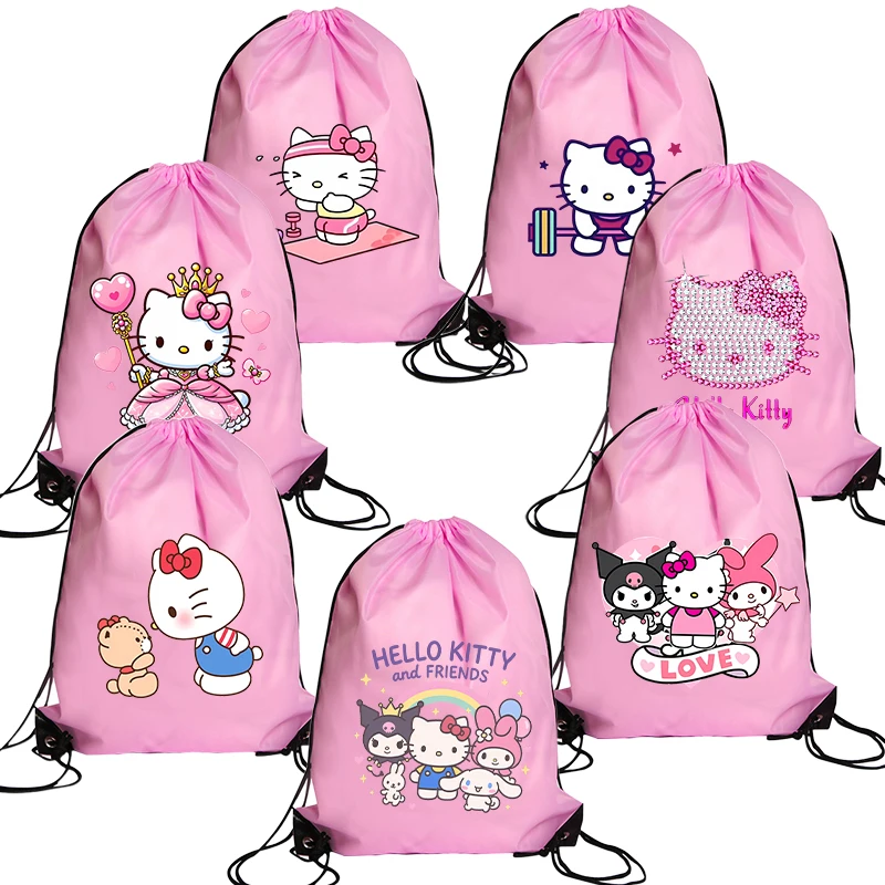 

Рюкзак-мешок HelloKitty с карманами на шнурке, кавайный розовый, модный, большой вместимости, спортивная сумка, подарочные пакеты с мультяшными персонажами, велосипедный рюкзак