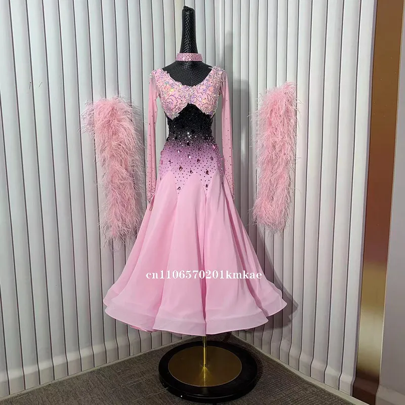 The New Style Female Ballroom Dance Pink Long Sleeves Dresses Customize Adult Waltz Foxtrot Tango Perform and Contest Clothing