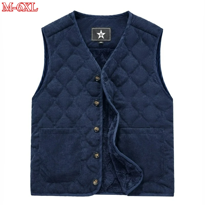 

Autumn Winter Padded Warm Vest Men's Diamond Check Shoulder Undershirt Workwear Corduroy V-neck Jackets Men Clothing Large Size